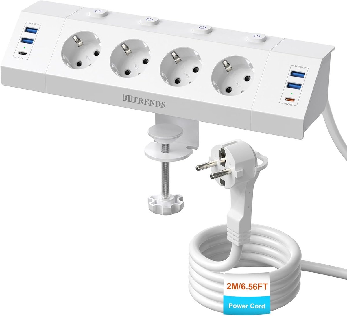 SnelShoppen - Table Socket met USB C PD 20W, 4-Way Power Strip met 6 USB, 4 Individuele Schakelaars, Flat Plug, 2m Kabel, Wandmontage voor Thuis en Ka