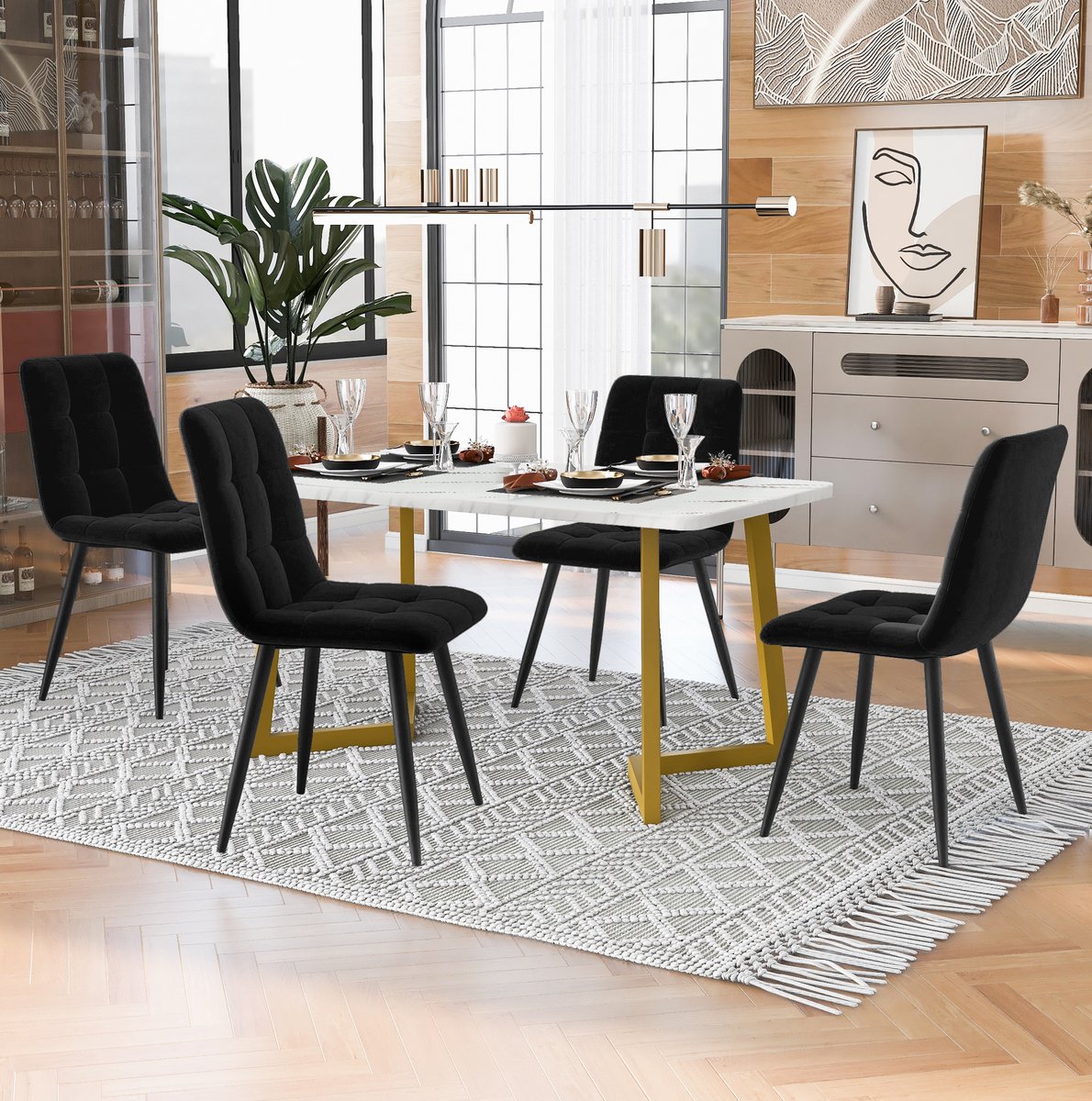 MEUNIQ eettafel met 4 stoelen set 117 cm rechthoekige keukentafel en eetkamerset met zwart fluwelen stoelen en goudkleurige tafelpoten