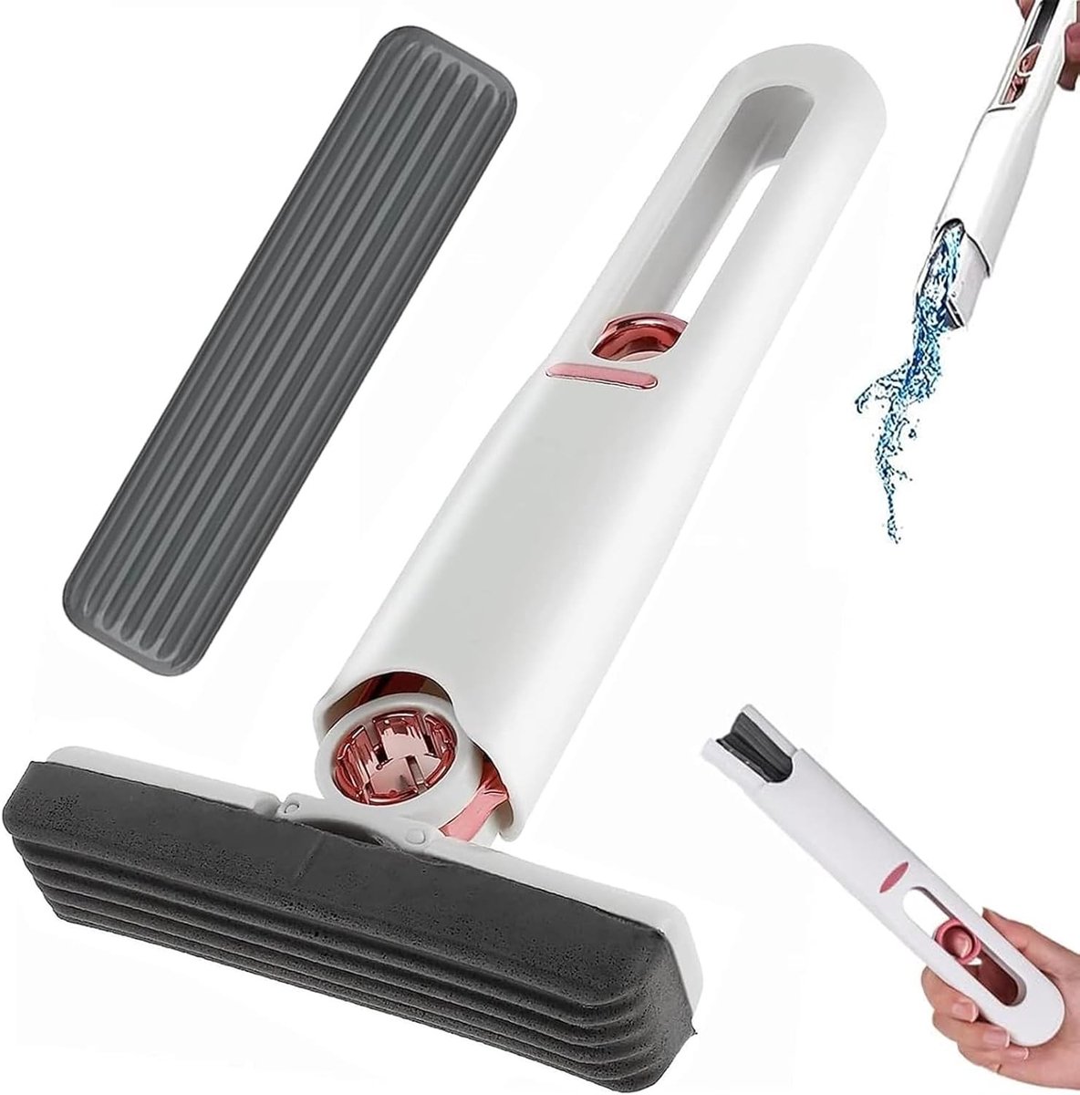 Kleine Schoonmaakmop voor Bureau, Inclusief Twee Sponskoppen, Ideaal voor Keuken en Tafel, Met Wringfunctie en Stofborstel, Effectieve Schoonmaaktools