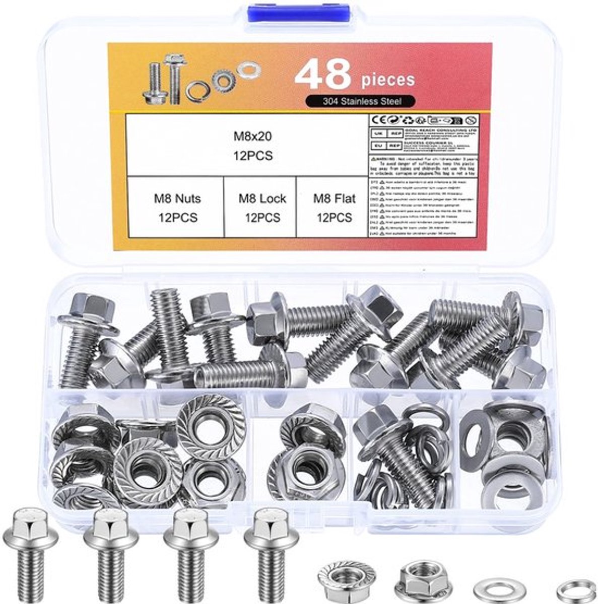 48 stuks M8 zeskantschroeven, moeren, roestvrijstalen flensschroeven en moeren, flensschroeven, zeskantschroeven met moeren met sluitringen en veerringen assortimentset