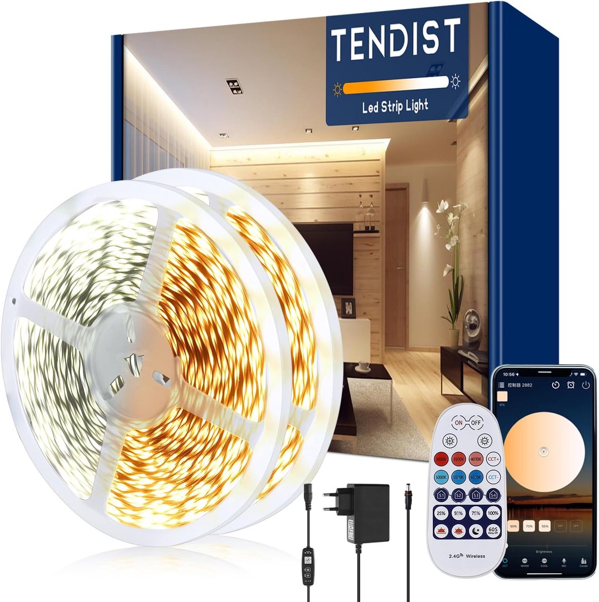 Ledstrip, 20 m, koudwit, 3000-6500 K, warmwit, led, 24 V, zelfklevend, met afstandsbediening, intelligente app, voor - ShopVlot