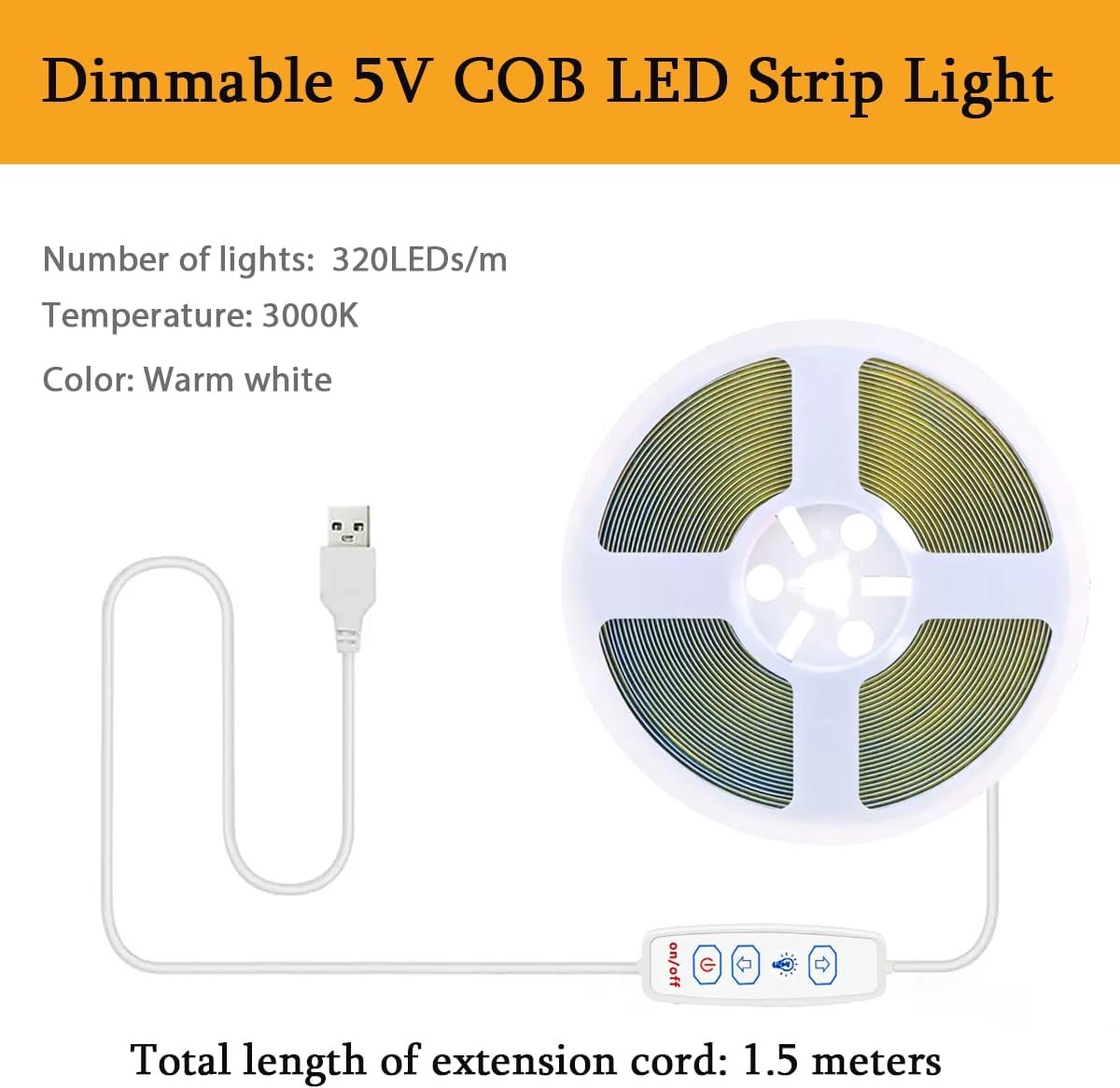 SnelShoppen - USB COB LED Strip 1 m Dimbaar Warm Wit 3000K Flexibele TV LED Verlichting met 320 LEDs/m voor Slaapkamer, Thuis, Keuken, Kast