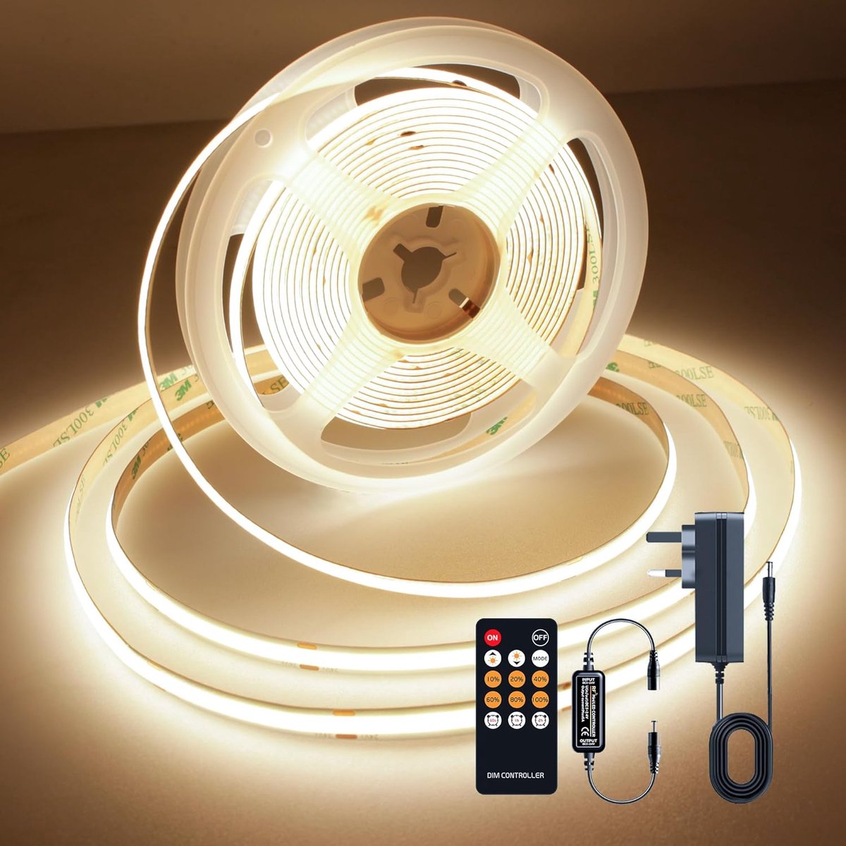 TTWAY COB LED Strip 3000K Warm Wit, 5m Dimbare 24V Flexibele COB LED Strip Lights Set, 480LEDs/M, GS Power Supply, met - ShopVlot