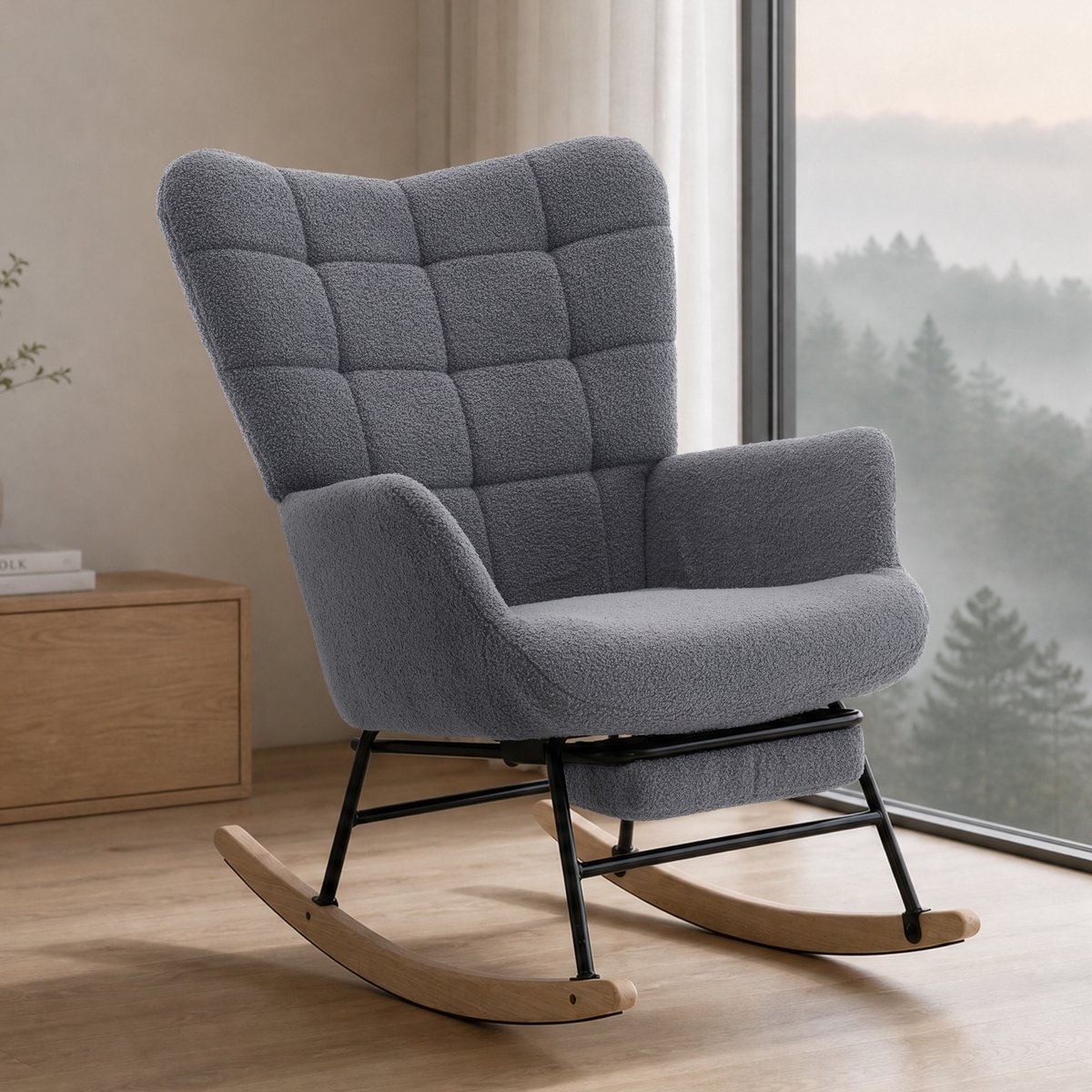 Wishdor Schommelstoel Ingebouwde Voetensteun 53x45cm - Relaxstoel - Babykamer - Intern IJzeren Frame - Massief Hout - Zacht Katoen - Grijs