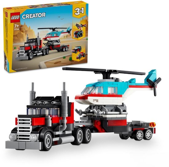 LEGO Creator 3in1 vrachtwagen met helikopter. De vrachtwagen is zwart met rode details en de helikopter is blauw met witte en rode strepen.