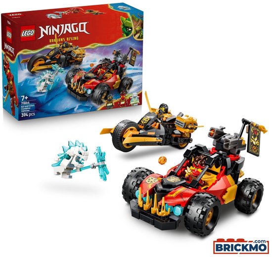 LEGO Ninjago set met een rode raceauto, een zwarte motor en een wit monster, met een doos.