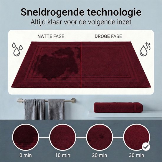 Een bordeauxrode badmat die snel droogt. Links nat, rechts droog, met tijdsaanduidingen voor het droogproces.