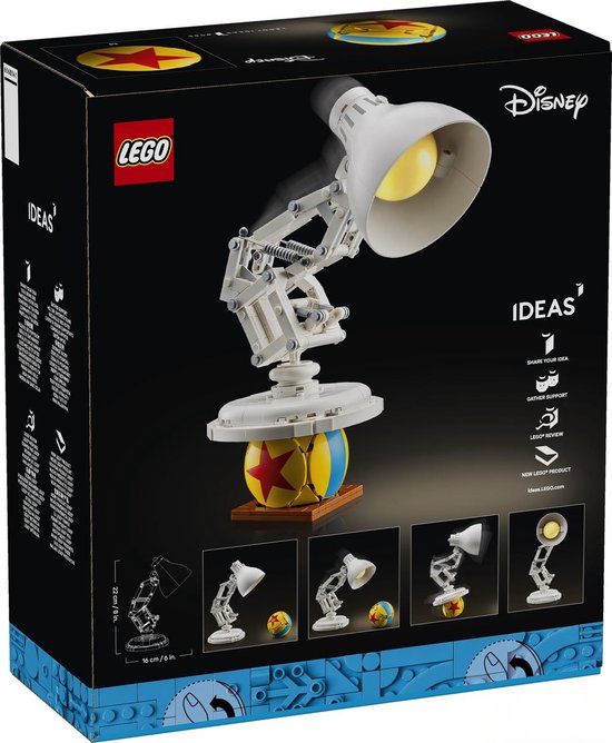Boîte du set LEGO Ideas Luxo Jr. montrant la lampe blanche et la balle jaune/bleue.