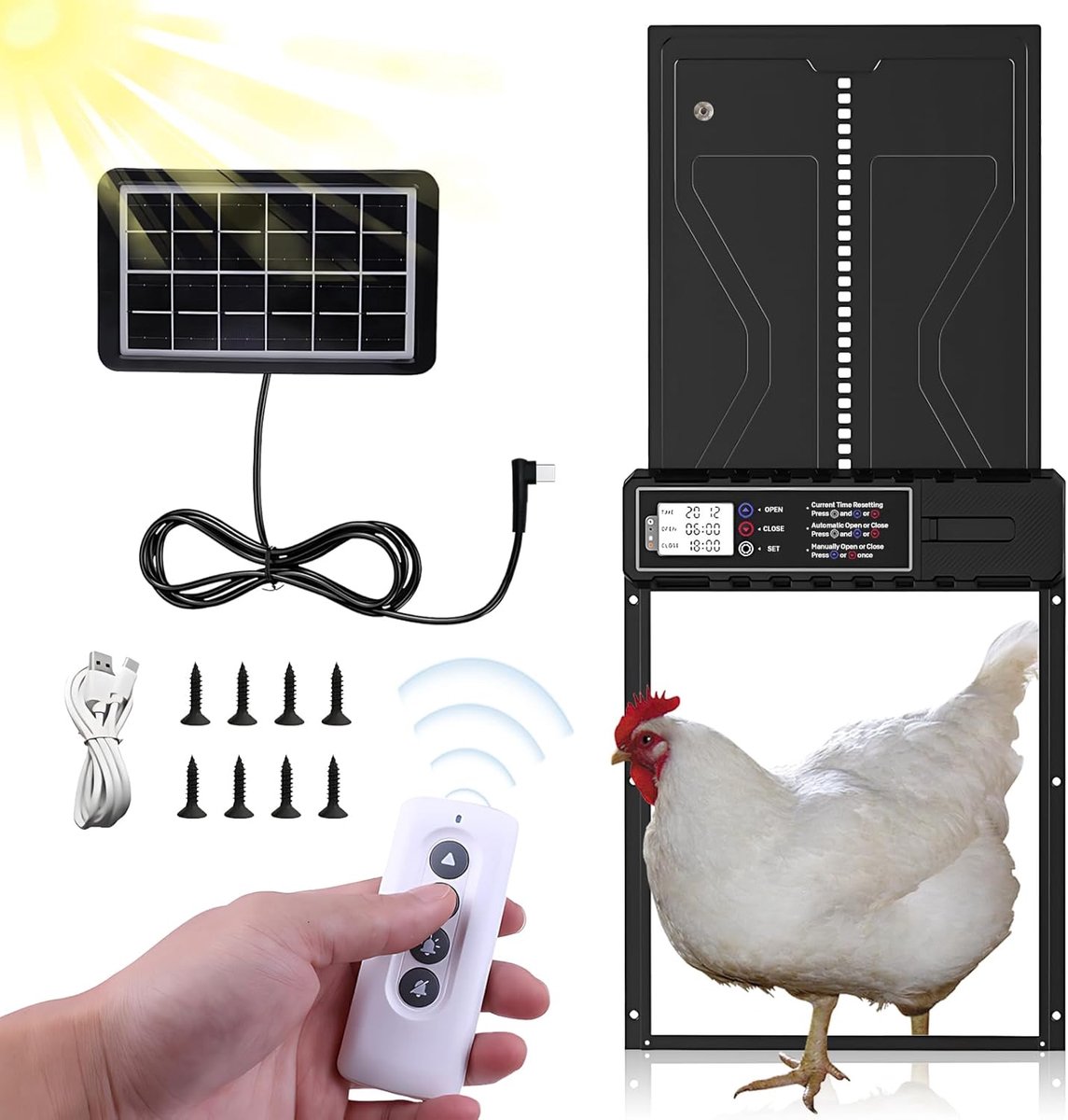 SnelShoppen - Automatische Kippenhokdeur op Zonne-energie met Tijdgestuurde Opening, Waterdichte Anti-Knikfunctie, Elektrisch, Afstandsbediening, 33x2