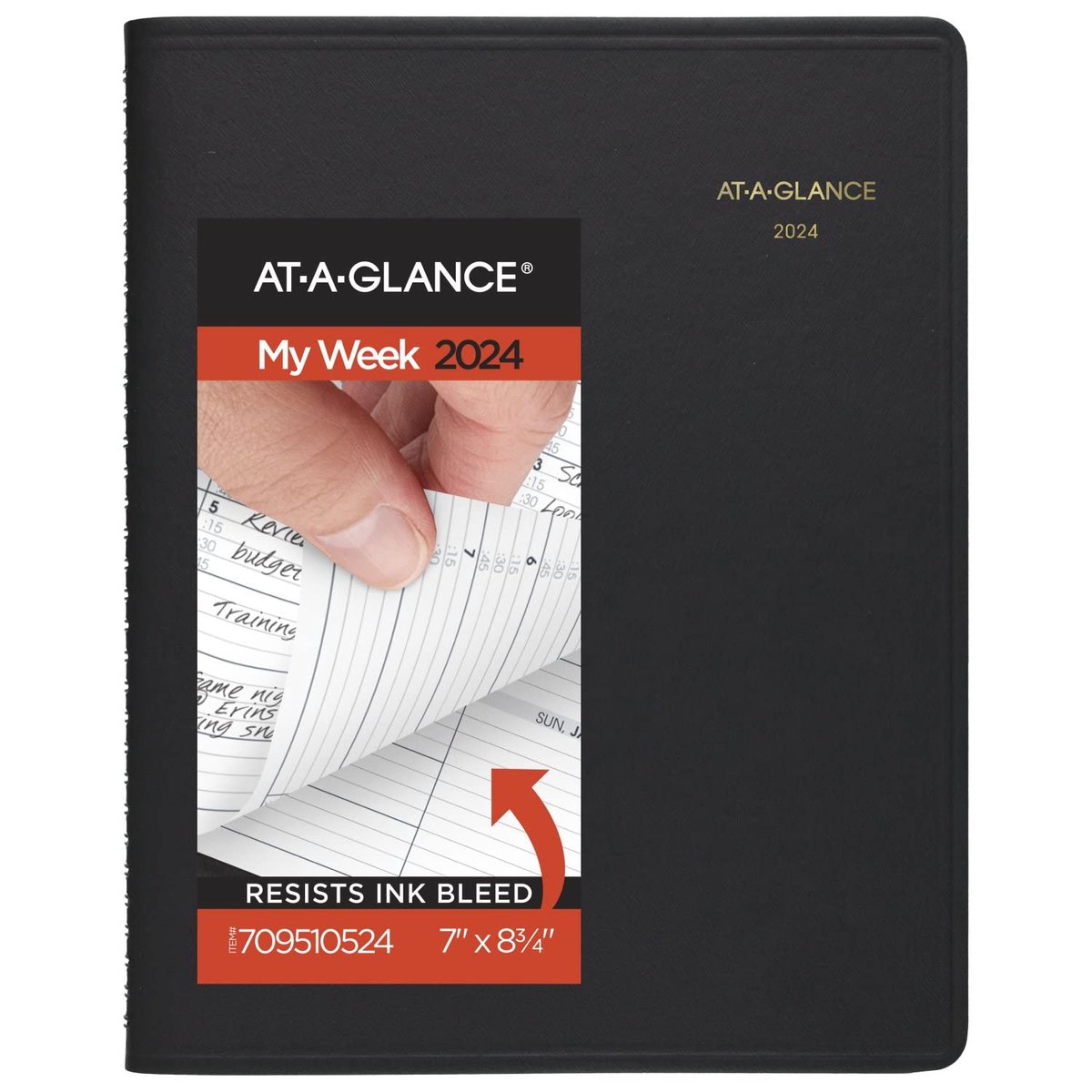 SnelShoppen - Weekplanner 2024 Kwart-uurafsprakenboek 7" x 8-3/4" Medium Zwart met Telefoon- en Adrespagina's voor Effectieve Planning en Organisatie