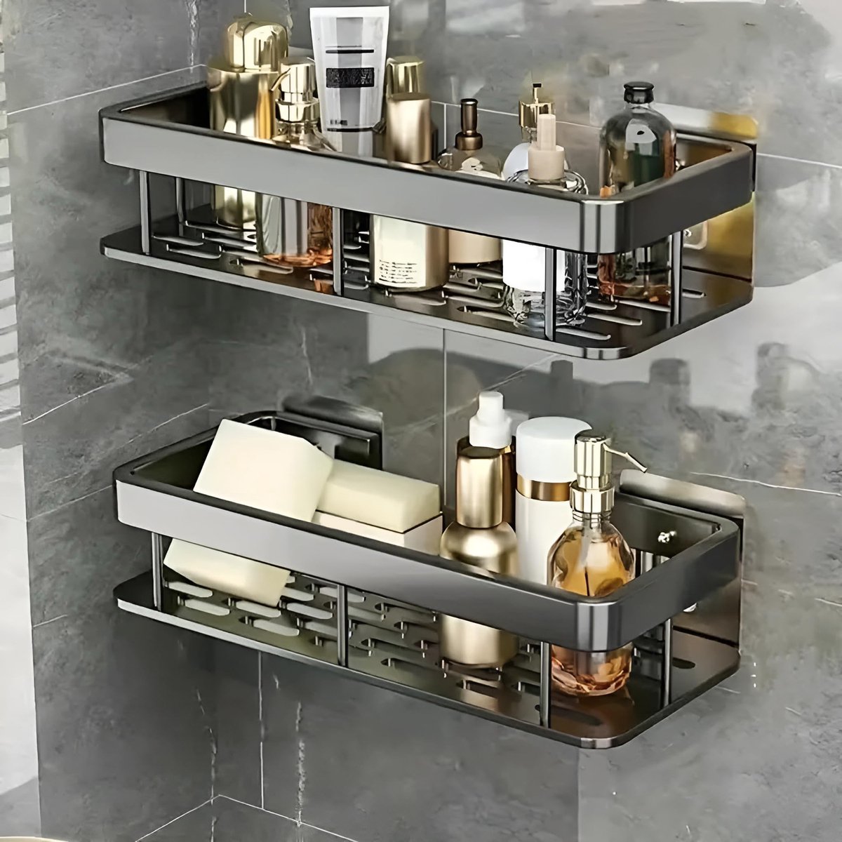 Badkamer Wandrek Zonder Boren - 2 Stuks Aluminium Doucheplank met Zelfklevende Bevestiging - Badkamer Organizer voor Shampoo Douchegel Cosmetica en Accessoires - 30 x 13 x 5 cm