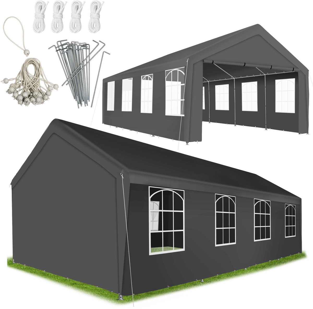 tectake® Partytent 4 x 8 m – Grote Feesttent met Zijwanden en Kijkvensters – Waterdicht en UV-Bestendig – Stalen Frame – Incl. Haringen en Spantouwen – Grijs