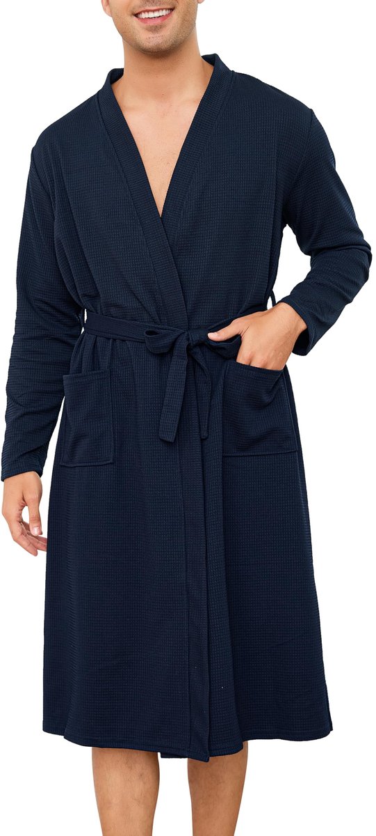 SnelShoppen - Luxe Heren Ochtendjassen Wafelgewaden Katoen Zachte Badjas Lichtgewicht Loungewear Nachtkleding Spa Hotel S-3XL Donkerblauw XXL