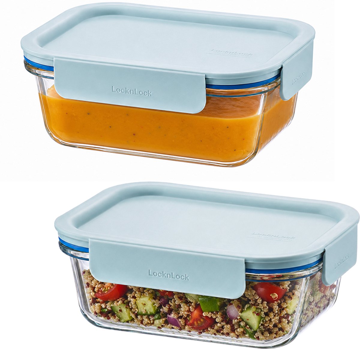 Lock&Lock Glazen vershoudbakjes - Meal prep bakjes glas - Ovenschaaltjes met deksel - 630 ml - Mint deksel - Luchtdicht - BPA vrij - PFAS vrij - Airfryer bakjes - Bewaarbakjes - Vershoudbakjes glas - 1 persoons ovenschaal - Set van 2 stuks