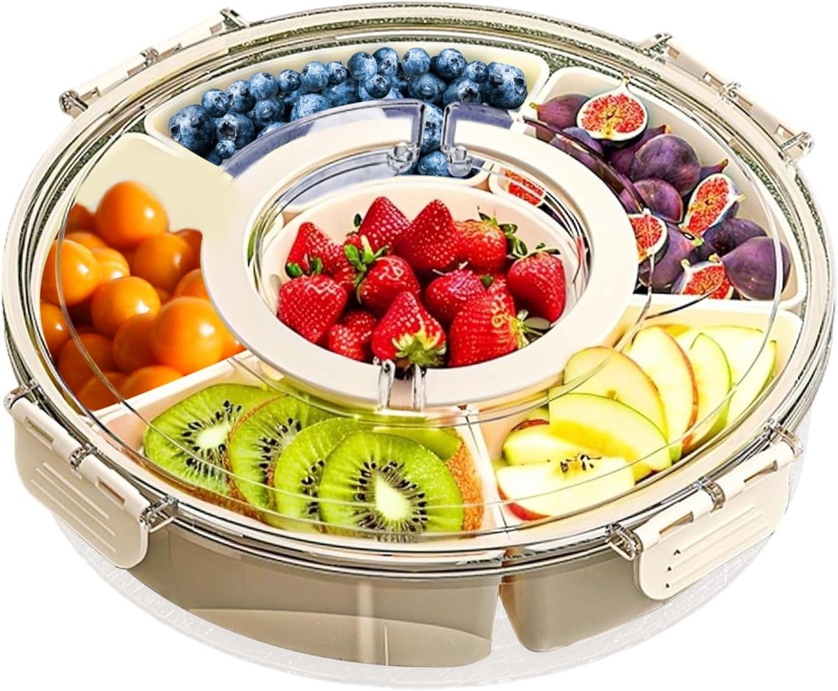 VHV - Draaibare Snackbox - Ronde Serveerbox met Uitneembare Vakken, Deksel en Handvat - Voor Feestjes en Picknick - Crèmewit