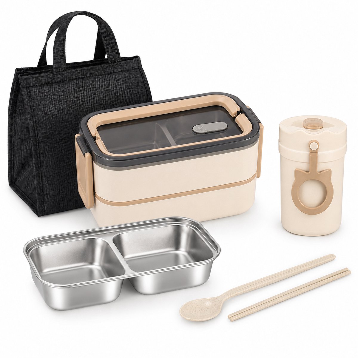 VHV - Bento Box 1400 ml - RVS Lunchbox met 2 Etages, 3 Vakken en Bestek - Lekvrij voor Werk en Onderweg - Bruin