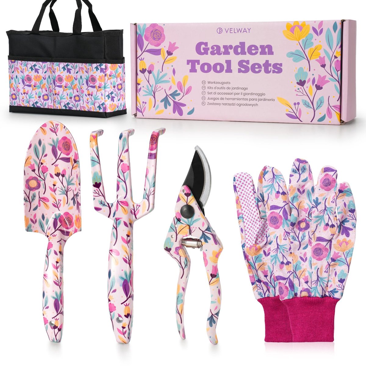 SnelShoppen - Velway Tuingereedschap Set 5-delig - Tuingereedschap met Bloemenpatroon, Geschenkdoos, Tuinschep, Tuinschaar, Handschoenen voor Tuiniere
