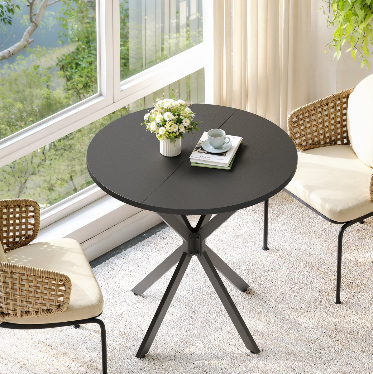 REDOM - Tafel - Ronde eettafel met X-poot van metaal - Mat tafelblad - Industrieel - Keuke