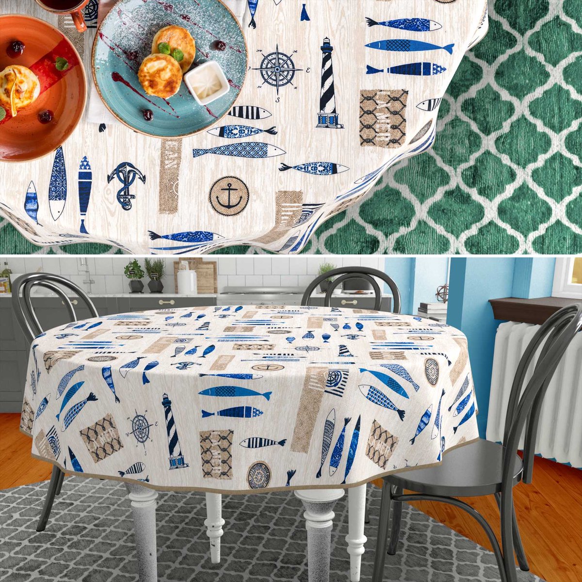 ANRO Tafelkleed Maritiem Blauw Rond Ø120cm Met sierband Afwasbaar Waterafstotend Binnen & Buiten