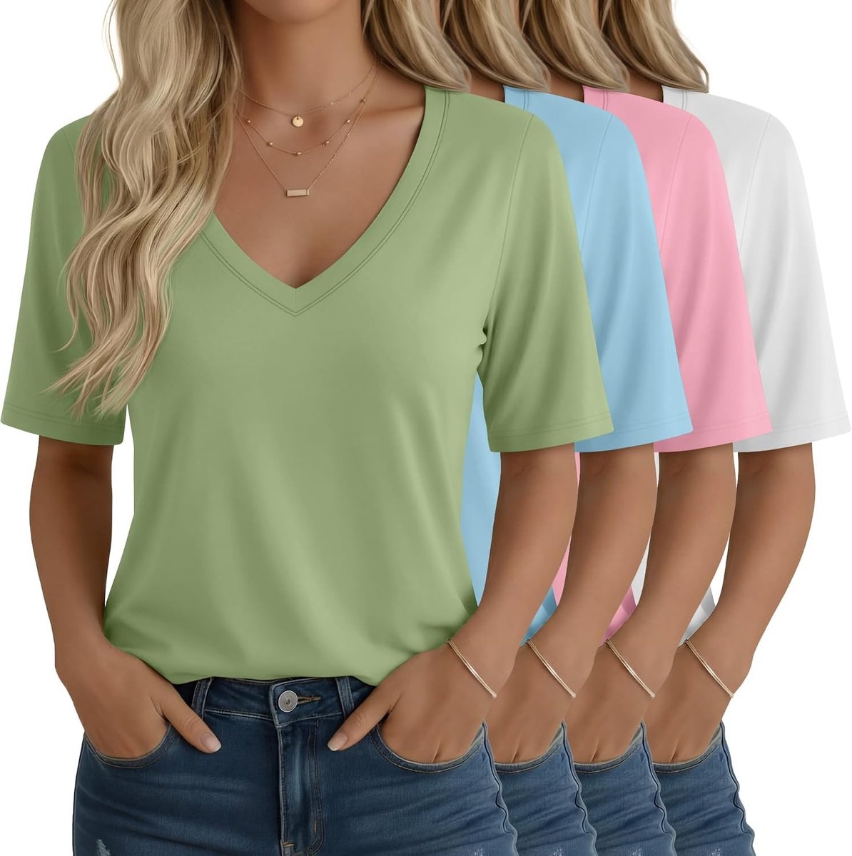 Dames halfmouw T-shirts V-hals - 4-pack ellebooglange tops met losse pasvorm voor casual zomeroutfits