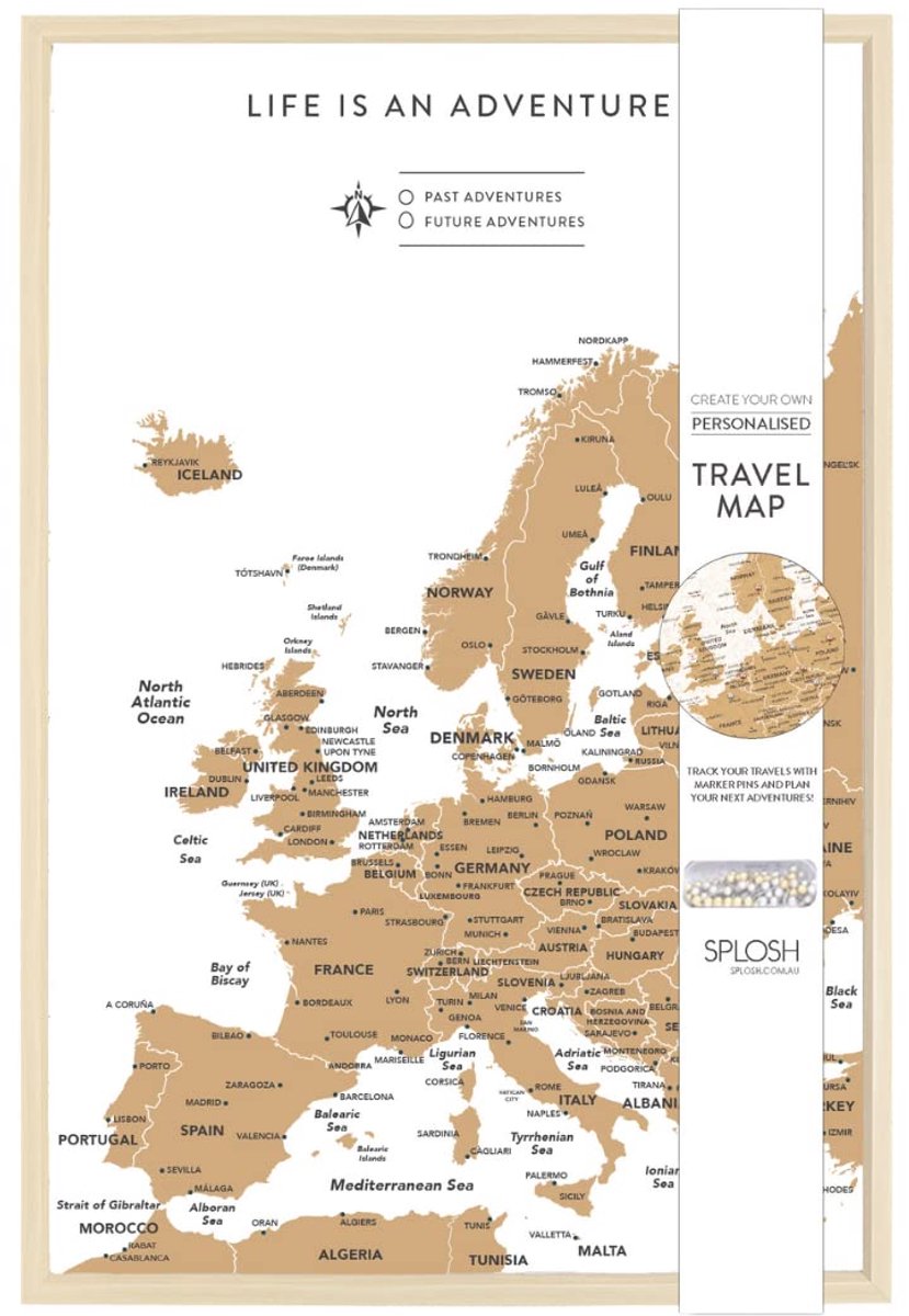 SnelShoppen - Splosh Reiskaart Europa Prikbord in Wit Houten Frame, Kurkbord met 100 Pinnen in 2 Kleuren voor Avonturen Markeren
