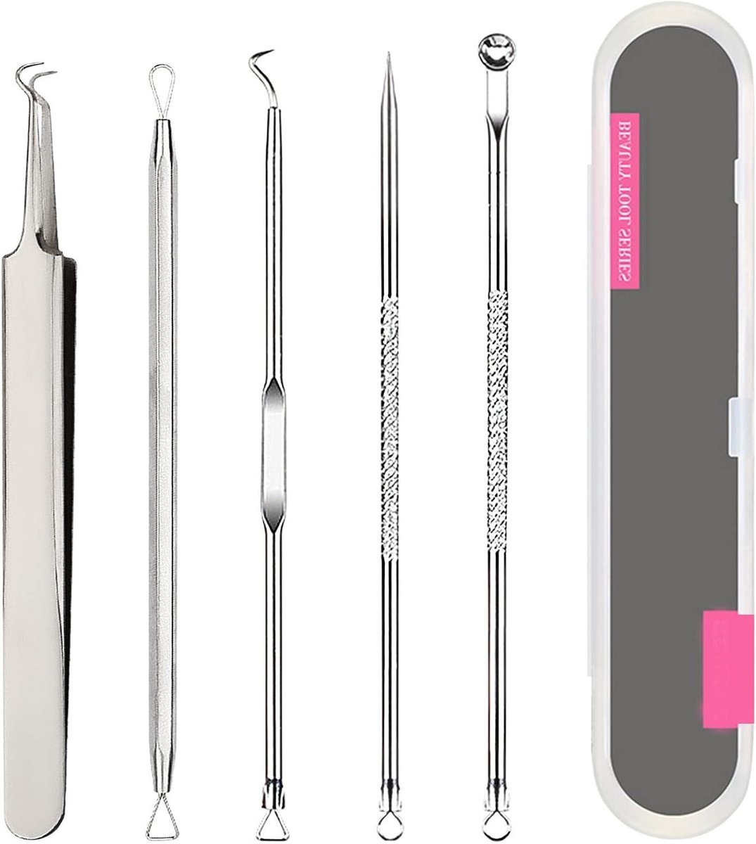 Mee-eterverwijderaarset - Huidverzorging tools - Gezichtsreiniging - Roestvrij staal - 5-delig - Zilver