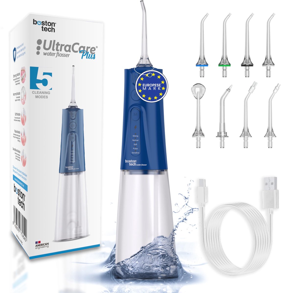 SnelShoppen - Waterflosser UltraCare Travel | Verwijdert Tandplak, Aanbevolen door Tandartsen, Beschermt Implantaten en Beugels, 8 Mondstukken, 4 Gebr