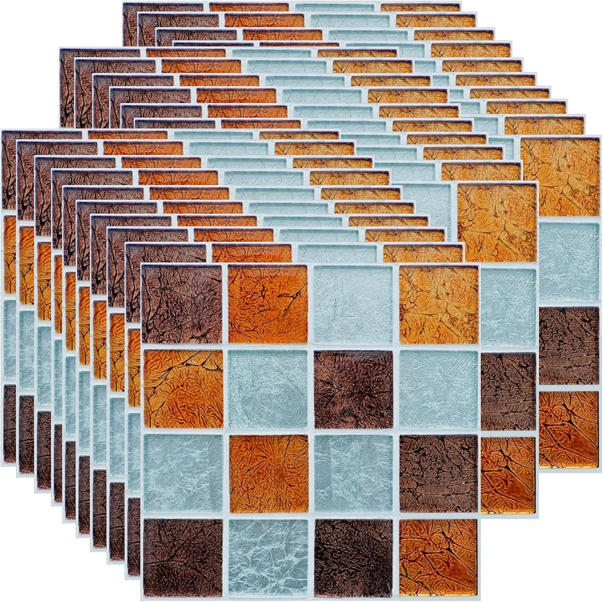 30 Stuks Zelfklevende Mozaïek Tegel Stickers 10x10cm Bruin en Blauw, Waterdichte Wanddecoratie voor Keuken en Badkamer, Eenvoudig aan te brengen en te verwijderen