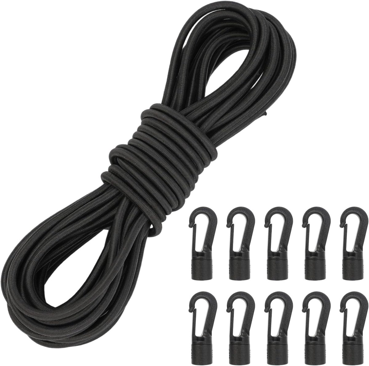 Zwarte Rubber Expander Touw van 6 mm en 10 m met 10 Plastic Haken voor Tent, Camping en Zeilen