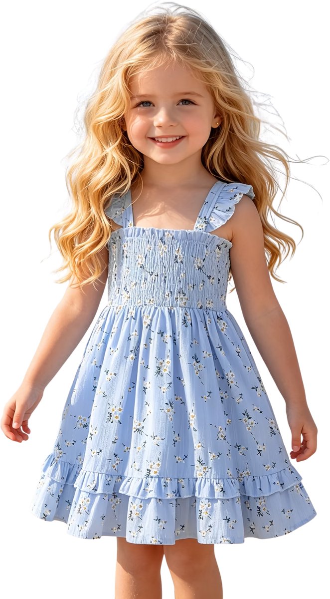 Currero Zomerjurk Meisjes Zomerjurken Kinderen Jurk Meisje Ibiza Stijl Sundress Kinderkleding 4-5 Jaar Lichtblauwe Bloemen
