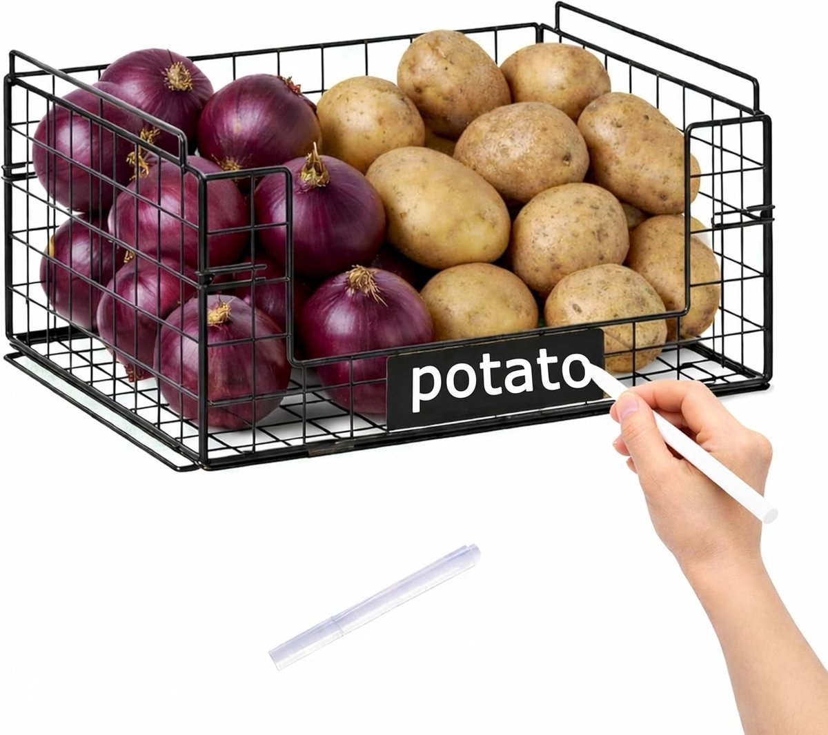 Vouwbare metalen opslagbox voor aardappelen, uien, knoflook en groenten met handvat en luchtcirculatie voor keukenopslag