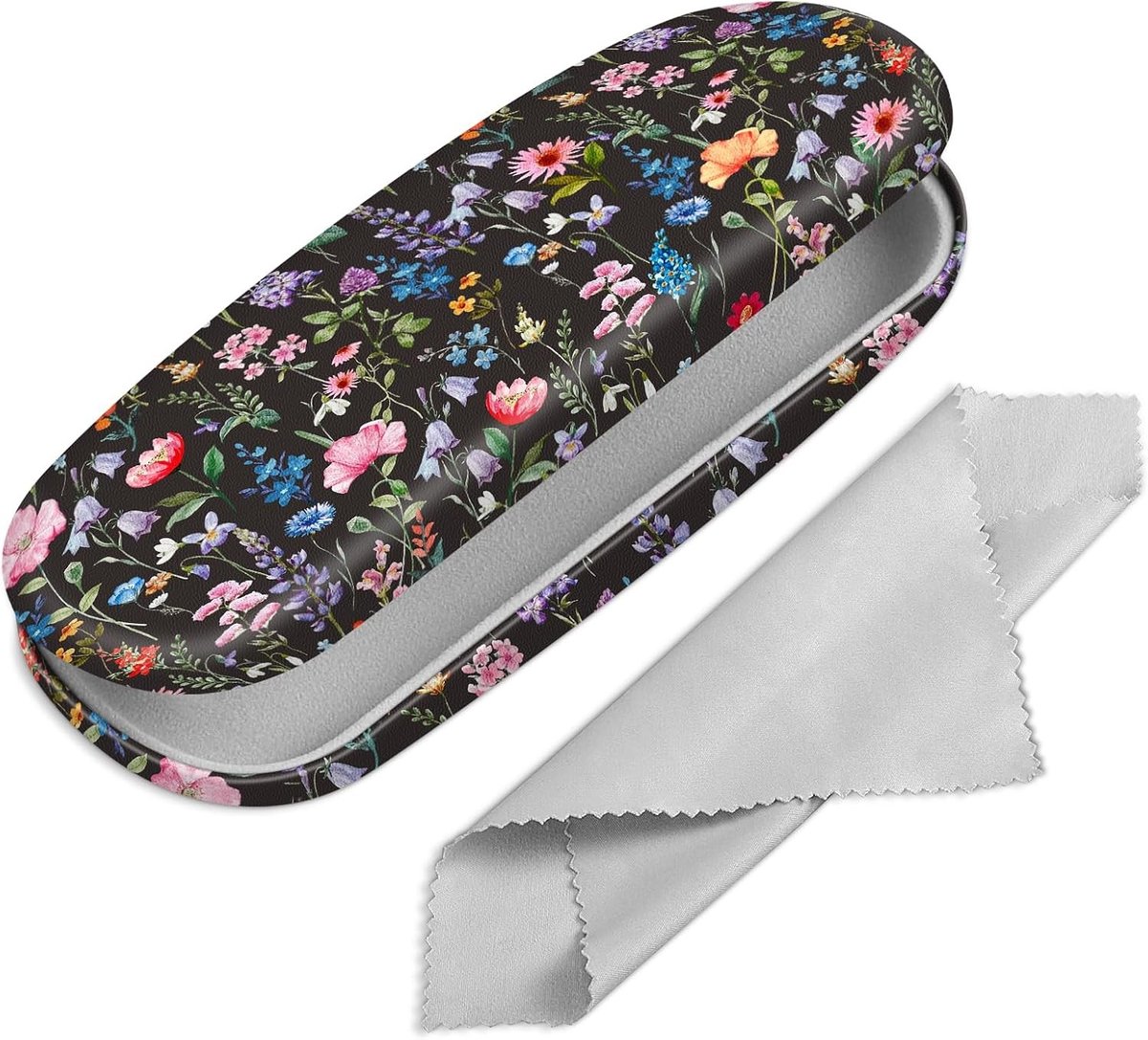 Draagbare harde brillenkoker met reinigingsdoek - Bescherming voor brillen en zonnebrillen, zwart met bloemenprint