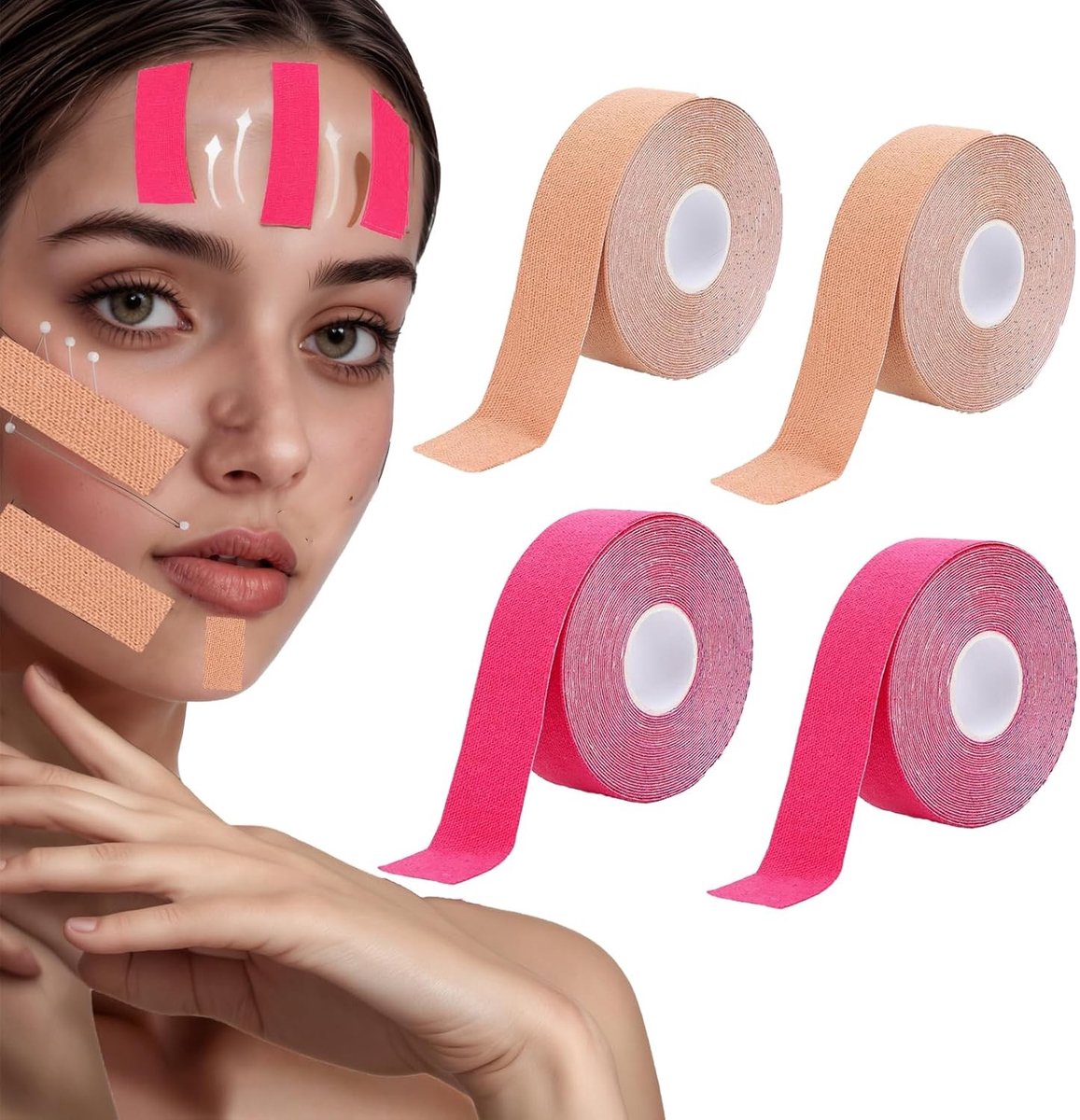 Kinesiotape voor Gezichtsversteviging, 4 Stuks, 2.5 cm x 5 m, Myofasciale Tape voor Lifting, Rimpelpatch voor Strakkere Huid en Versteviging