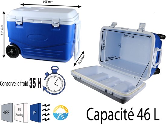 SnelShoppen - Koelbox 46 liter, stijf, blauw/wit, 60,5 x 35,5 x 41,5 cm - Perfect voor camping, picknick, tuinfeest en uitjes — afbeelding 3