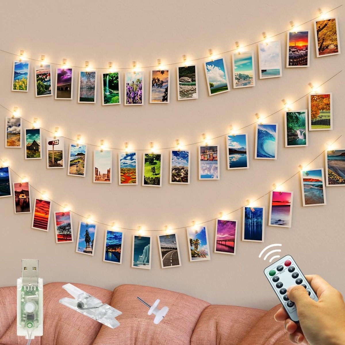 slochi Lichtsnoer voor foto's, 5 m, 50 leds, USB-fotoclips met klemmen, voor foto's, 8 modi, met afstandsbediening - ShopVlot