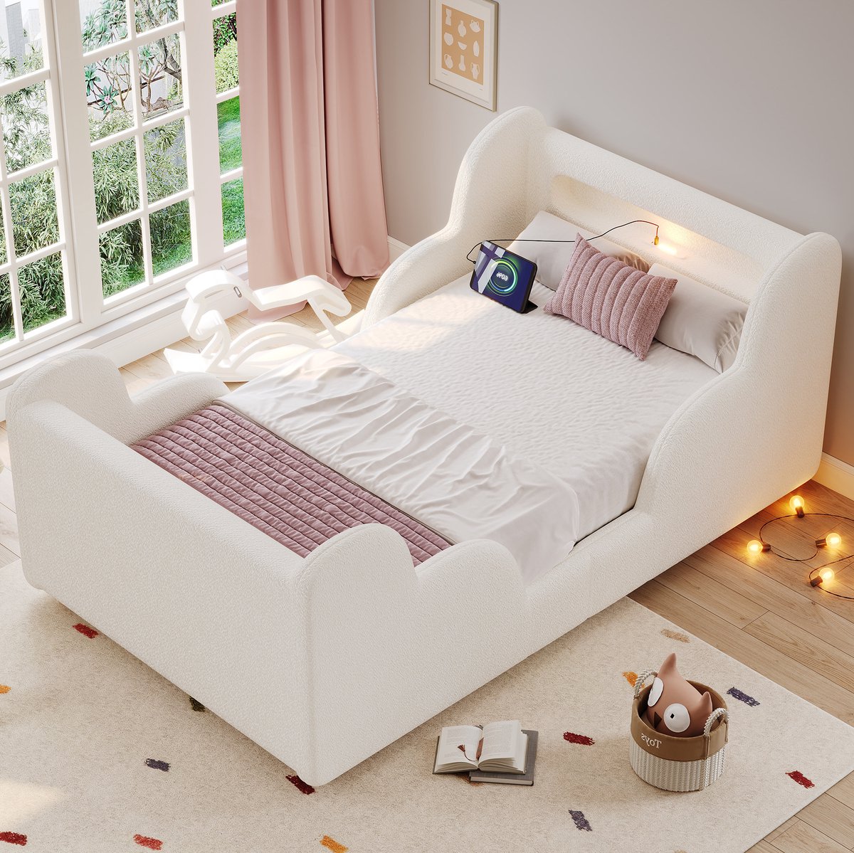 COVREO Kinderbed 217 x 100,5 cm - beige bouclé, 90 x 200 cm, met nachtlamp en opbergruimte