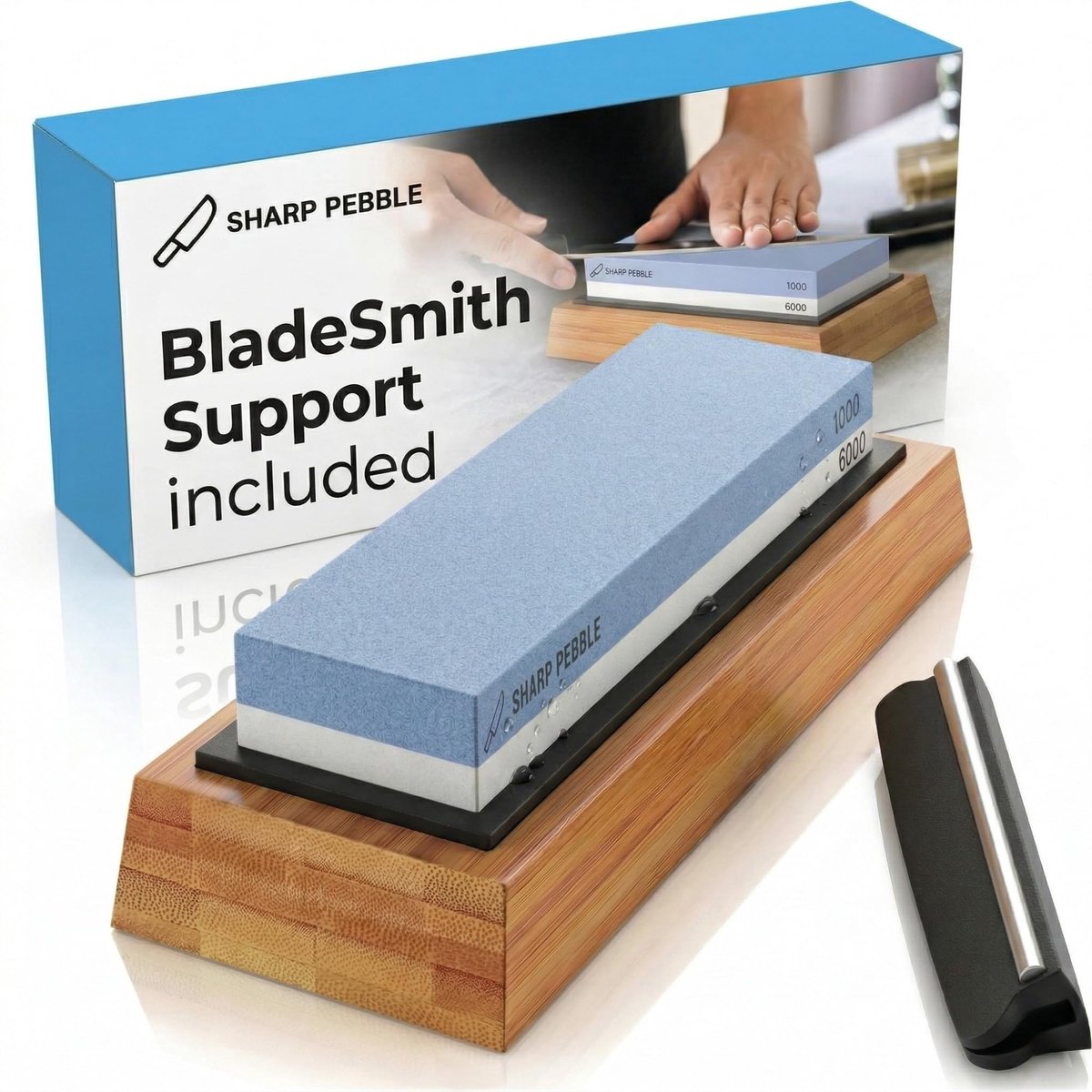 SnelShoppen - Premium Whetstone Mes Slijpsteen 2 Side Grit 1000/6000 Watersteen - Antislip Bamboe Basis & Hoekgids voor Keuken en Koken