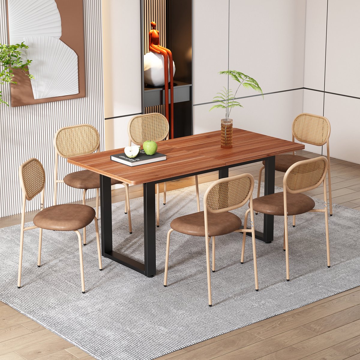 Set van 6 eetkamerstoelen, moderne, eenvoudige loungestoelen met vier metalen poten, rotan loungestoelen, woonkamer- en slaapkamerstoelen, Beige
