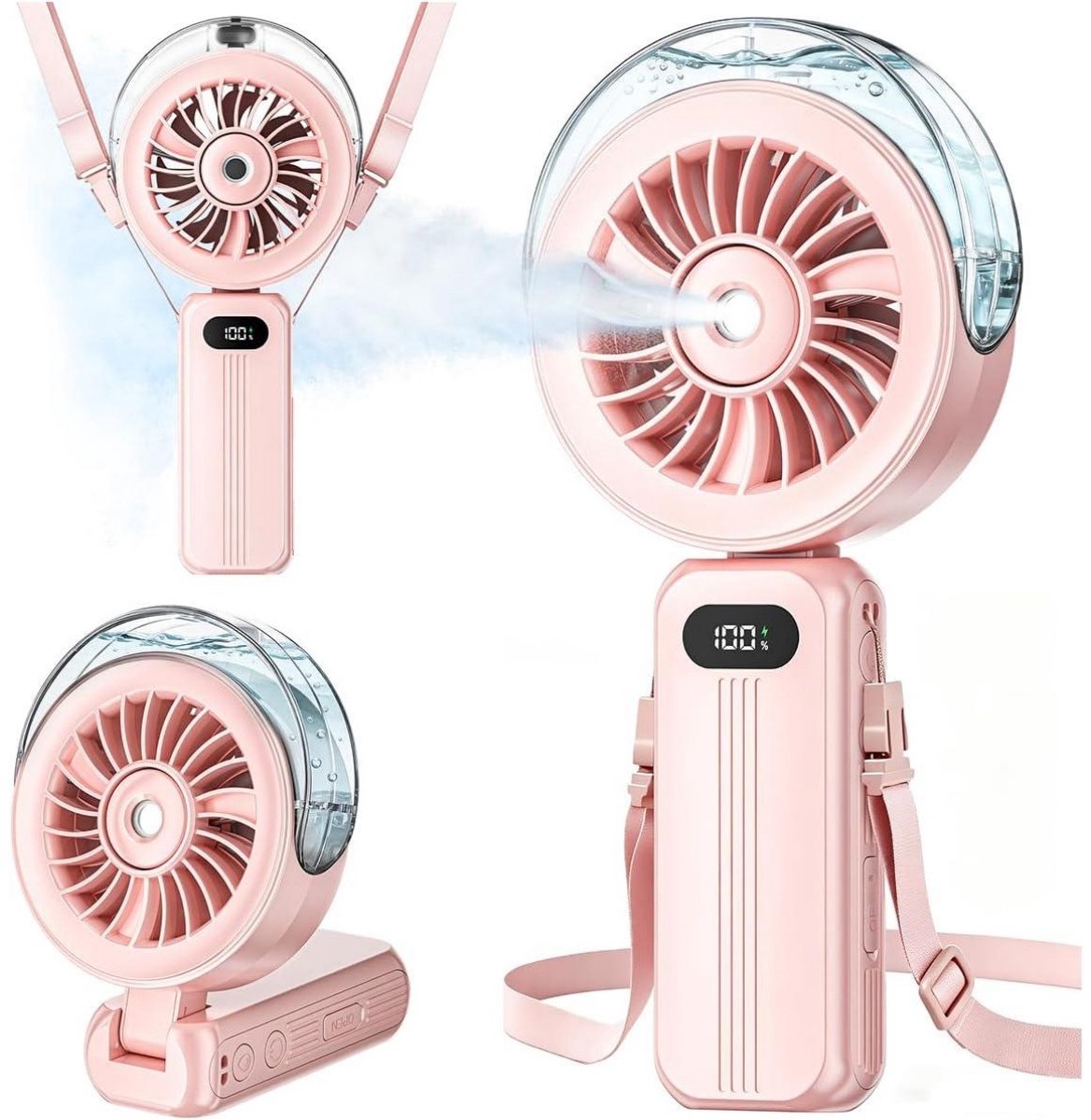 GELLDG Oplaadbare handventilator met waterkoeling – Krachtige, draagbare miniventilator – 6000 mAh-accu – Opvouwbare USB-handventilator – Draagbare ventilator geschikt voor de zomer, op reis en voor buiten – Roze