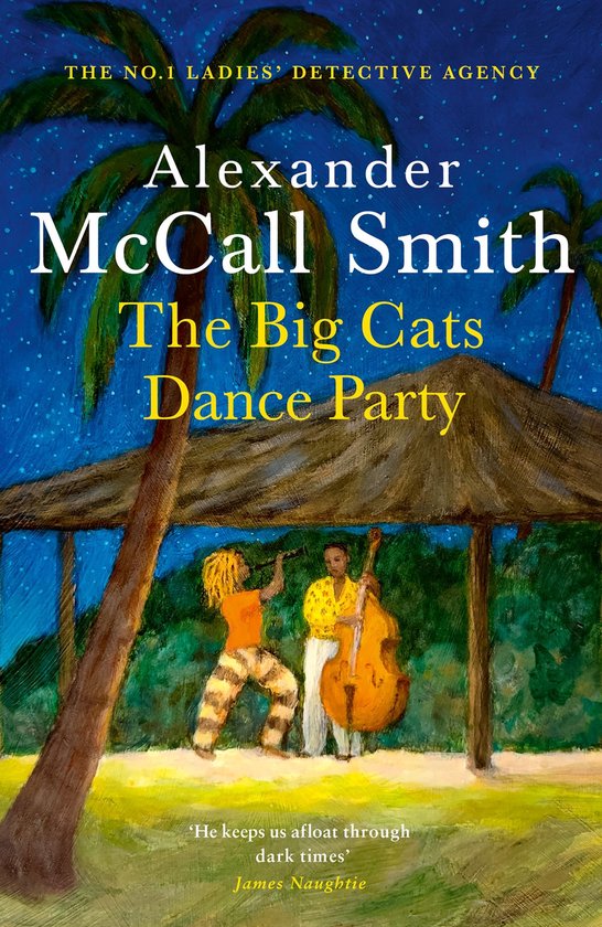 Boekomslag van 'The Big Cats Dance Party' met een nachtelijk tafereel, twee mannen onder een afdak, palmbomen en sterren.