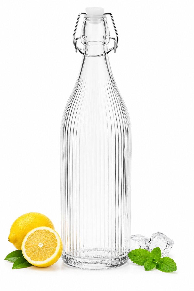 Glazen Beugelfles 1 Liter – Ribbel Fles met Beugelsluiting en Stop – Hervulbare Waterfles voor Water, Sap, Limonade en Siroop – 9 x 32 cm – Transparant
