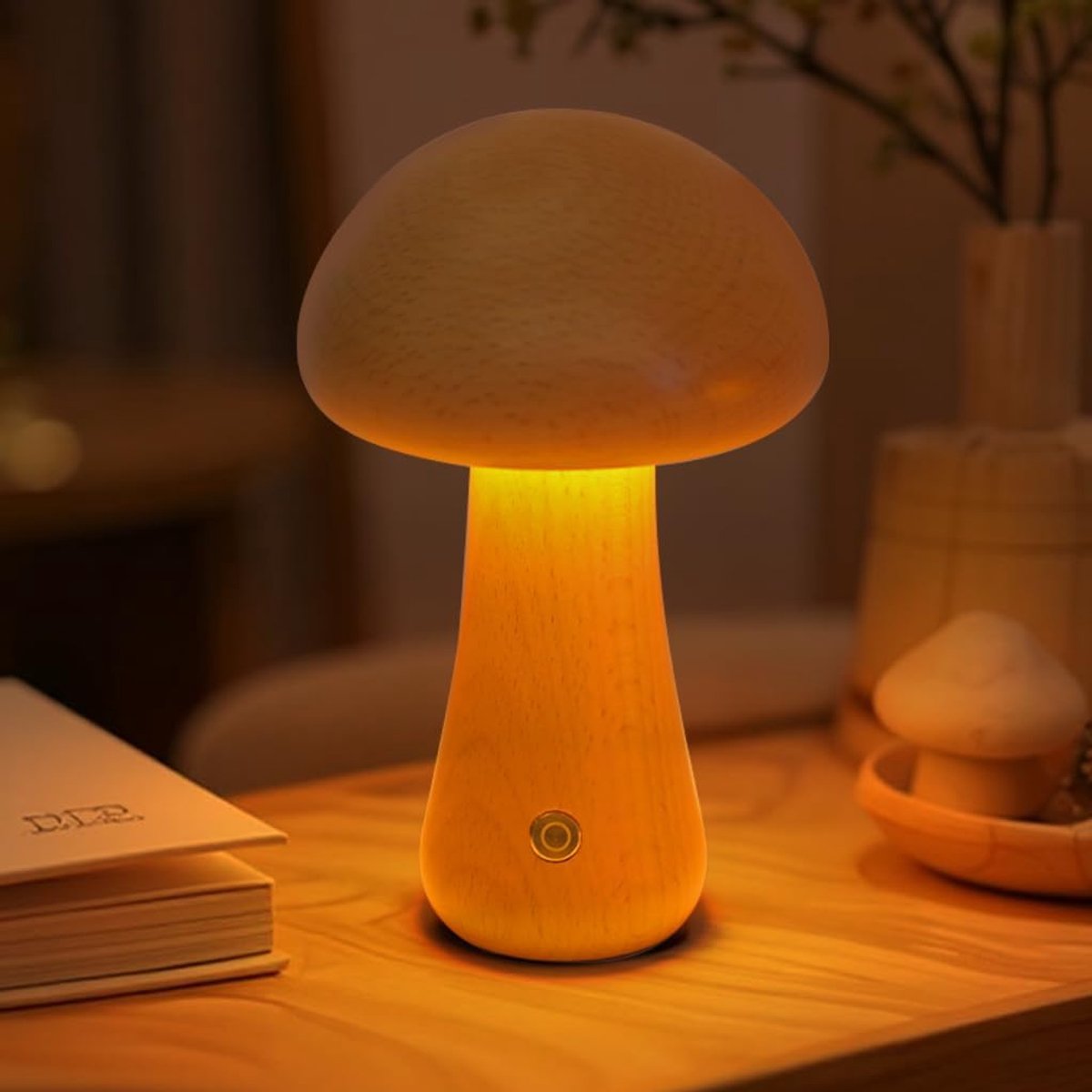 Lzwintrading - Nachtlampje Kinderen Oplaadbaar - Houten paddenstoel LED - Nachtlampje Baby - Tafellamp Slaapkamer - Lamp Nachtkastje - Schattige Decoratieve Tafellamp voor Woonkamer Slaapkamer