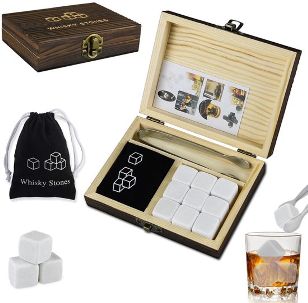 Whisky Stones Set 9 Stuks - Herbruikbare Whisky Steen - Koelstenen voor Whisky - Whisky Cadeaus voor Mannen - Inclusief Fluwelen Zak - Houdt Whisky Koel - Ijsblokjes