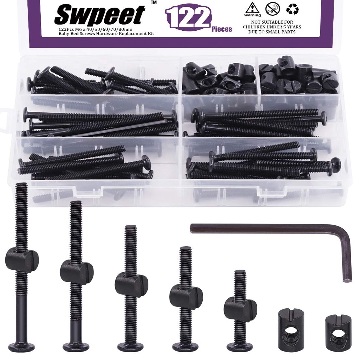 SnelShoppen - 120pcs Crib Hardware Screws, Zwarte M6×40/50/60/70/80mm Hex Socket Head Cap, Babybed Bouten en Barrel met 1 x Inbussleutel voor Meubels