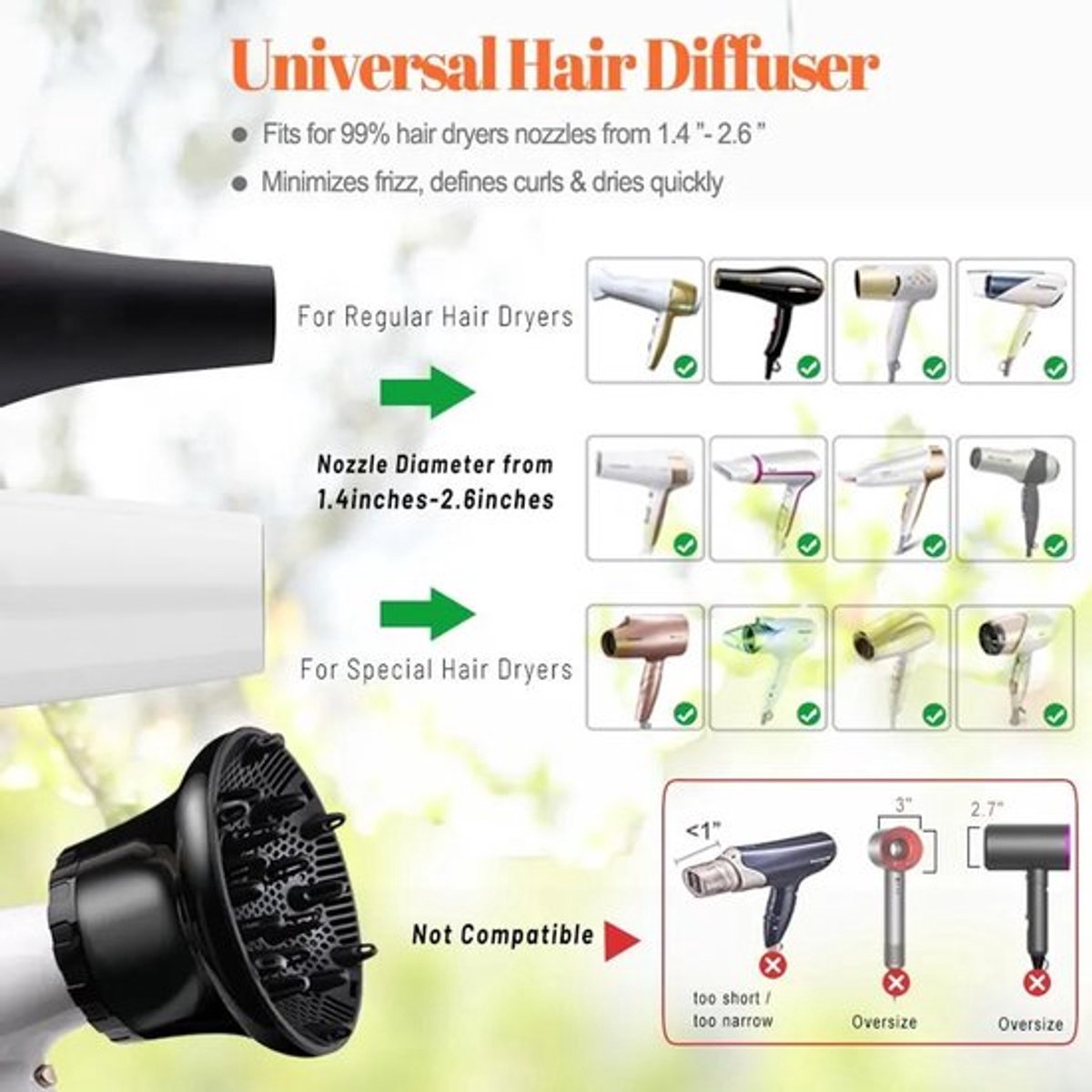 Zwarte universele föhndiffuser, een accessoire voor föhns met een mondstuk van 3,5 tot 6,5 cm, ideaal voor het stylen van krullend of golvend haar.