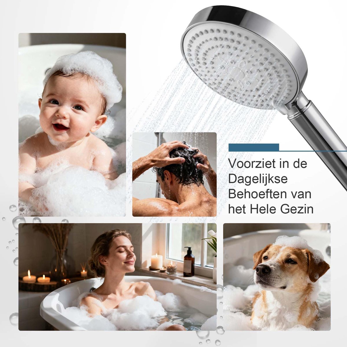 SnelShoppen - Luxe Handdouche met 1.6m Slang en Houder, 13cm Groot, 20-Laags Waterfilter, 6 Spray Types, Waterbesparende Douchekop, Kalkfilter, Wit -