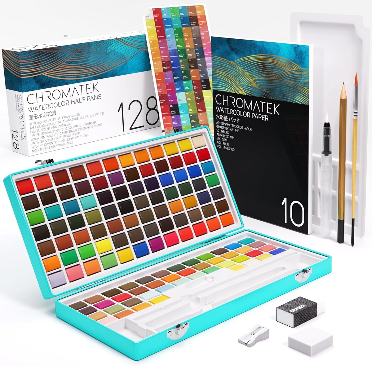 SnelShoppen - Waterverfset met 128 Kleuren, Draagbare Verfdoos met Penselen, Blok en Tekenmateriaal voor Creatieve Kunstenaars, Reisvriendelijk Schild