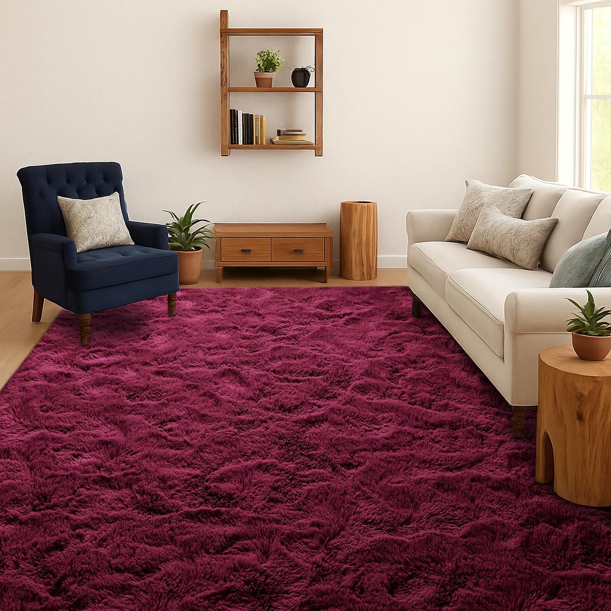 SnelShoppen - Hoogpolig Woonkamer Tapijt 90x150 cm, Effen Langpolig Vloerkleed, Wasbaar Antislip & Zacht, Bordeauxrood voor Slaapkamer & Kinderkamer