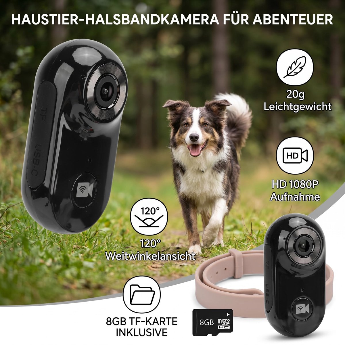 SnelShoppen - Huisdier Mini Camera HD 1080P Draagbare Body Camera voor Honden en Katten, Inclusief 8GB Geheugenkaart voor Binnen en Buiten Gebruik