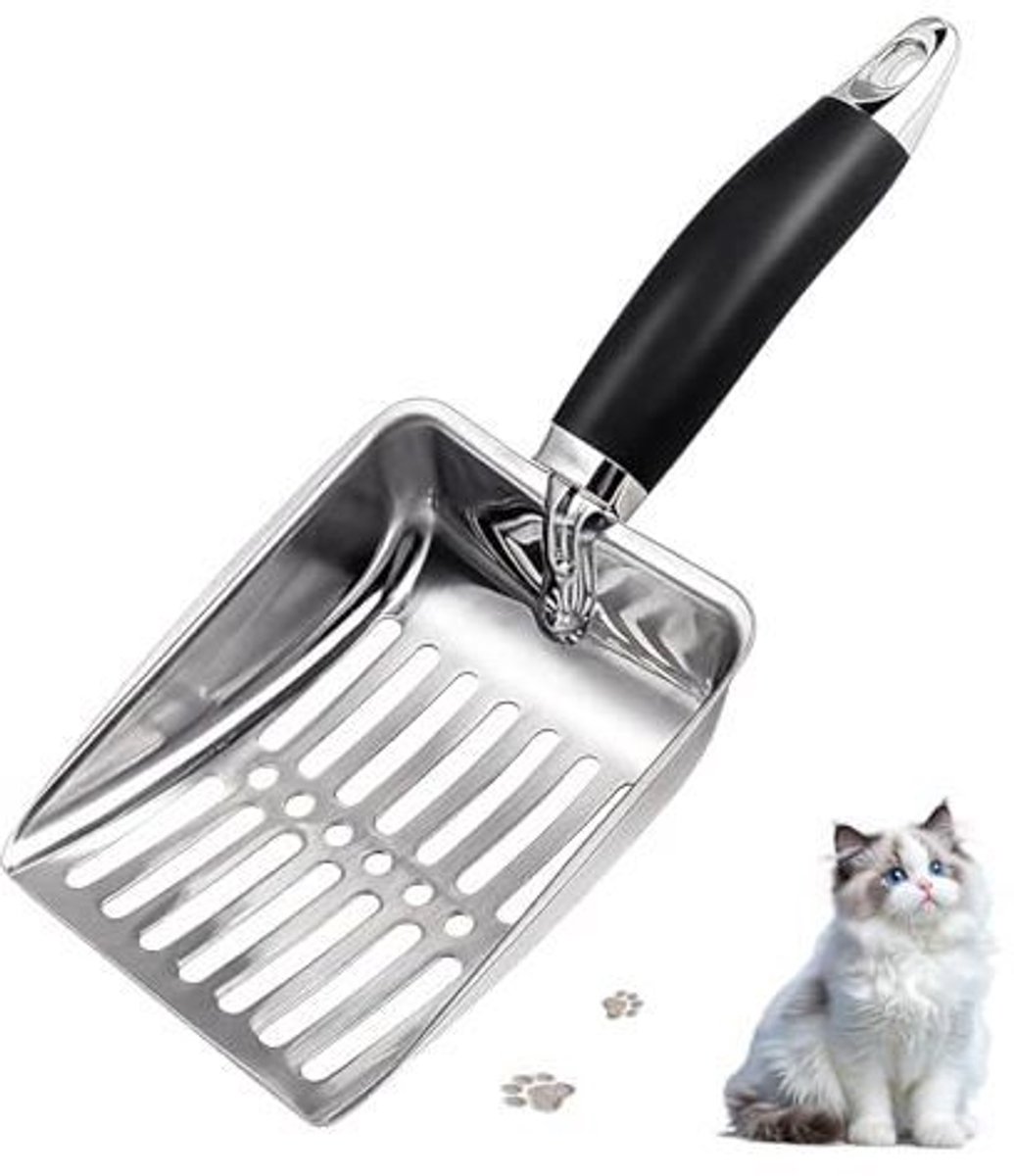 Kattenbakschepje – gemaakt van roestvrij staal: gemakkelijk schoon te maken, duurzaam en stevig. Kleur: Zwart.